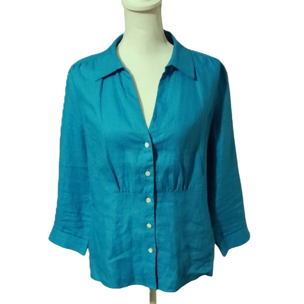 Talbots Button Up Blouse Turquoise 100% Irish Linen 3/4 Sleeve Womens Size 14